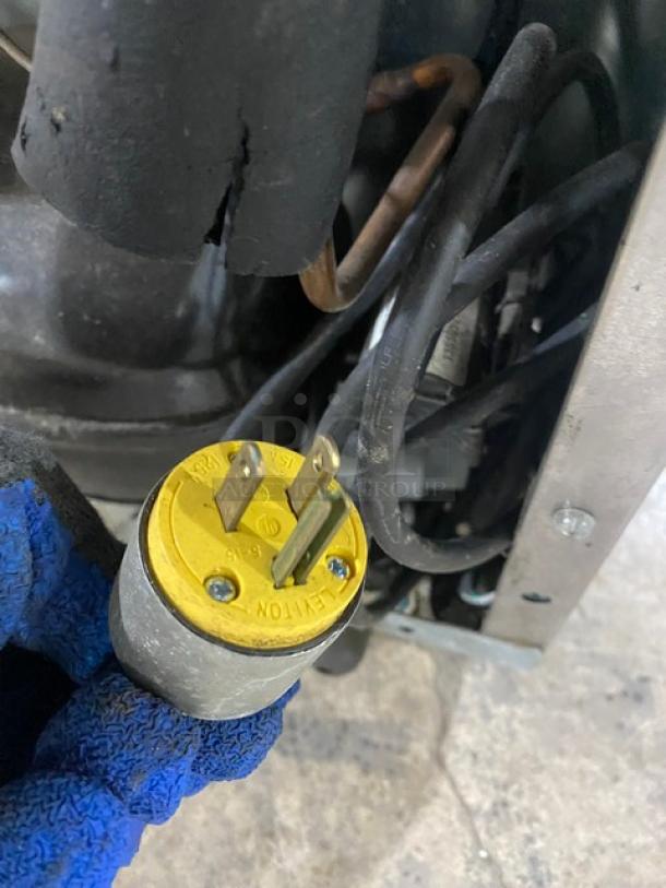 Close-up of the power plug for a Delfield commercial refrigerator. Yellow plug with visible prongs labeled "Leviton."