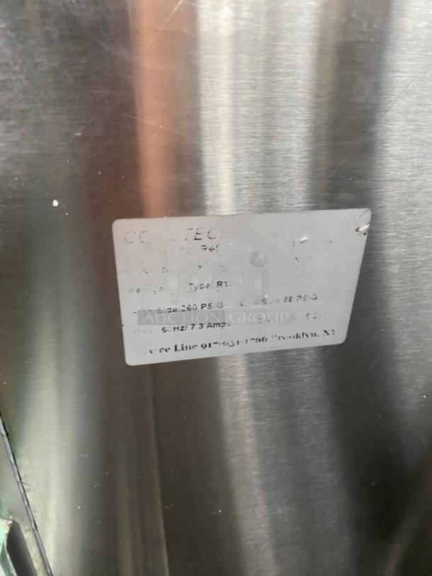 Cooltech stainless steel refrigerated open grab-and-go case, 115V single phase. Features visible label with specifications.