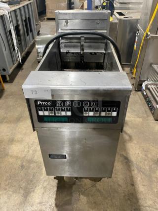 Pitco Frialator SFSG18-US stainless steel commercial deep fryer, natural gas, 140,000 BTU, on casters, control panel visible.