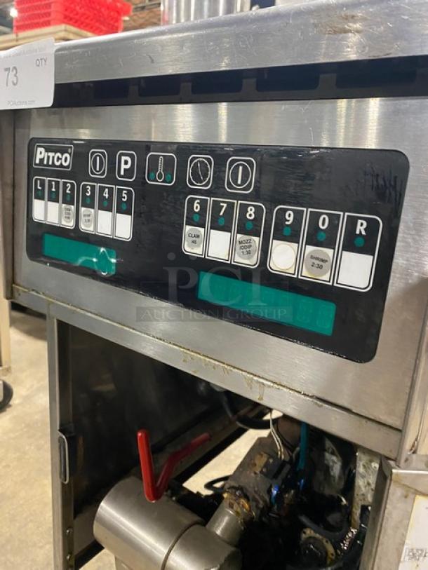 Pitco Frialator SFSG18-US deep fryer, stainless steel, natural gas, on casters, 140,000 BTU capacity.