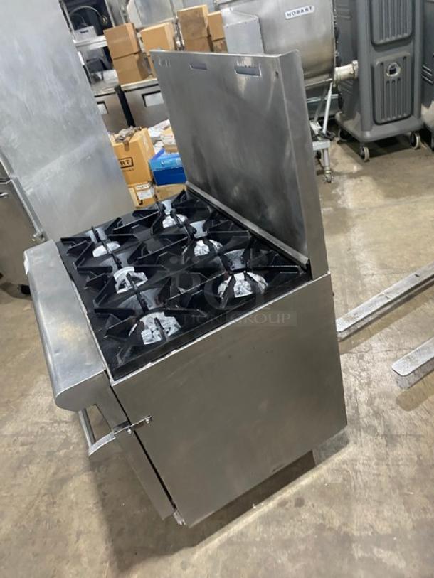 American Range commercial stainless steel 6-burner range/oven combo, natural gas powered, with backsplash, on casters.