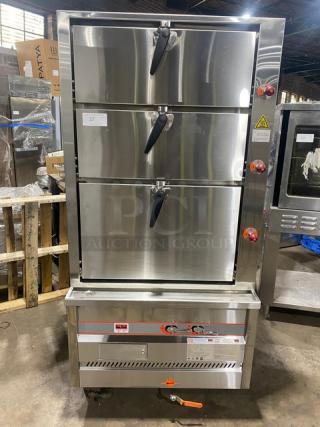 Flame-Mate ESC-3N-N stainless steel steam cabinet, 3 compartments, natural gas, on legs, commercial grade, Model: ESC3NN.