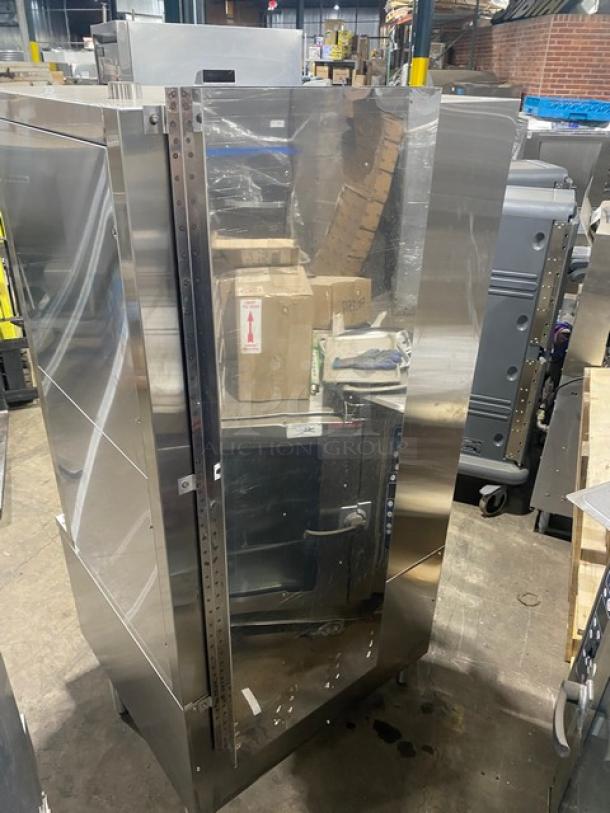 Flame-Mate ESC-3N-N stainless steel natural gas 3-compartment steam cabinet on legs, SN: EC030ENFS00066660AB, in good condition.