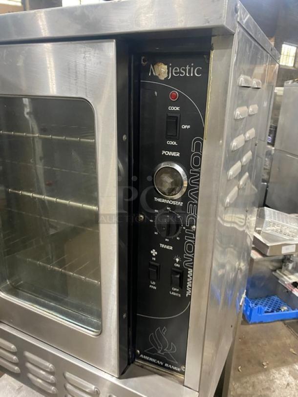 American Range Majestic Series commercial convection oven, stainless steel, single stack, natural gas, wired racks, with undershelf.