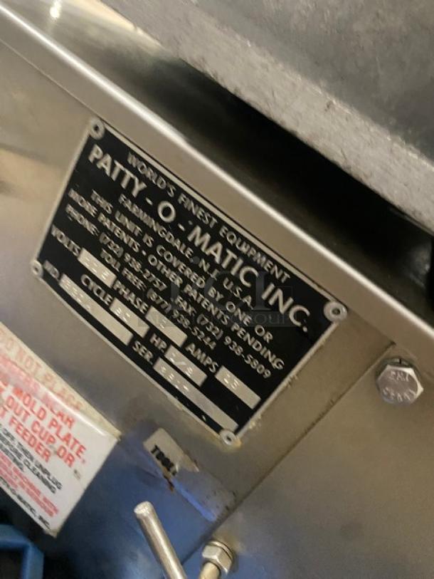 Patty-O-Matic 300A stainless steel patty forming machine, model and serial number plate visible, good condition.