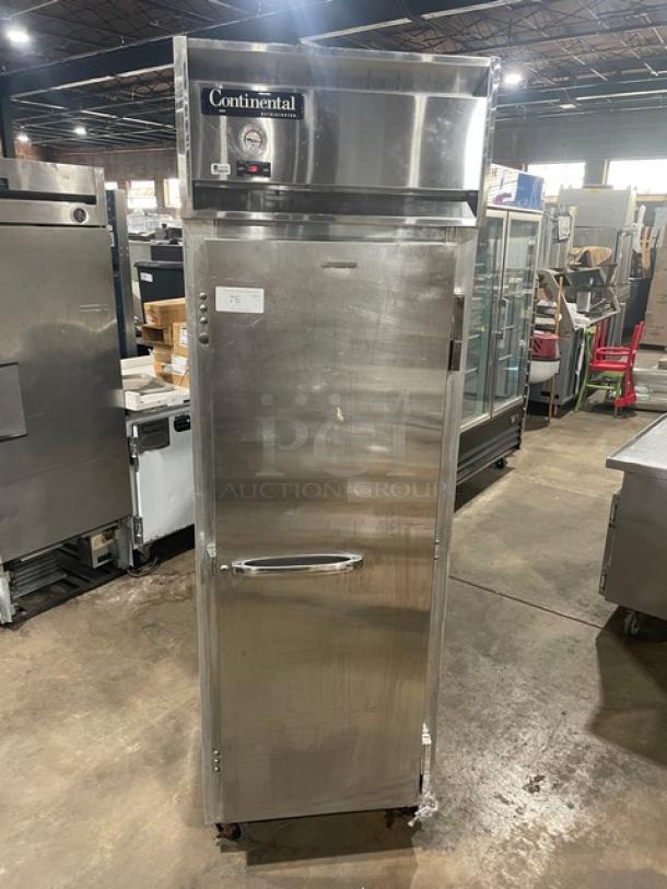 Continental 1R stainless steel single door reach-in refrigerator with built-in pan slides, on casters, model 1R, 115V, 1 phase.