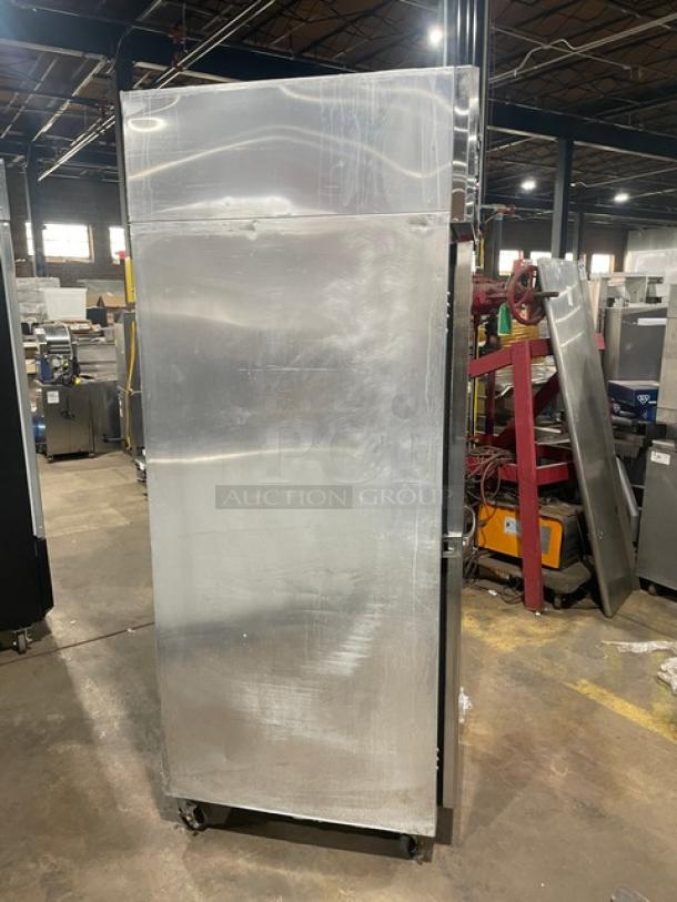 Continental 1R stainless steel reach-in refrigerator, solid single door, pan slides, on casters, model 1R, SN: 155A2371.