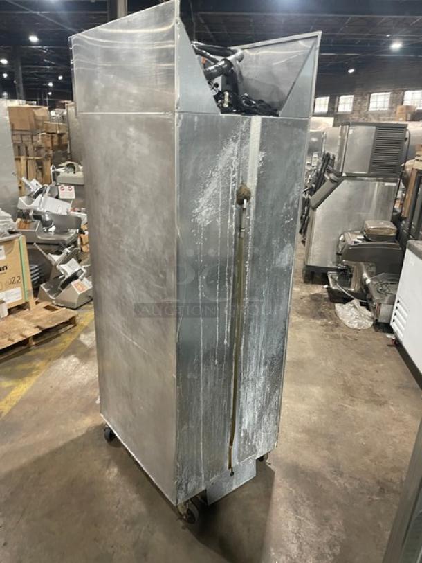 Continental Commercial Stainless Steel Single Door Refrigerator, model 1R, on casters, built-in pan slides, used condition.