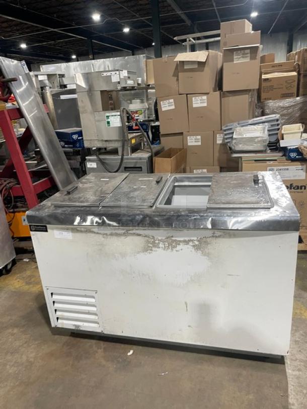 Excellence Industries HFF8HC dipping cabinet in white, used condition, stainless steel flip-top lids, 115V, commercial use.