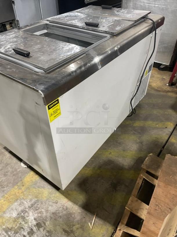 Excellence Industries HFF8HC commercial ice cream cabinet, white powder coated, stainless steel flip-top lid, 115V, used condition.