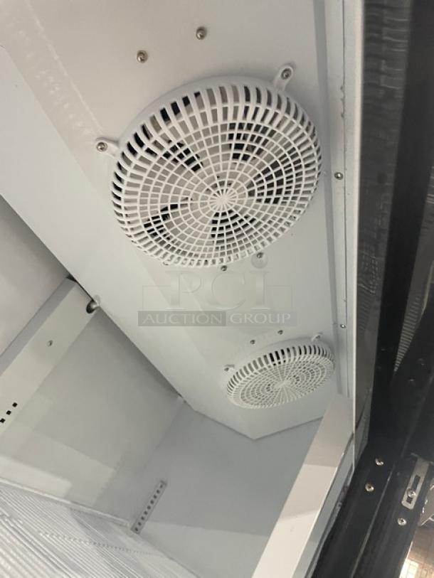 Kool-It KSM-42 refrigerator fans, interior view, poly-coated wire racks, black double glass sliding door, on casters.