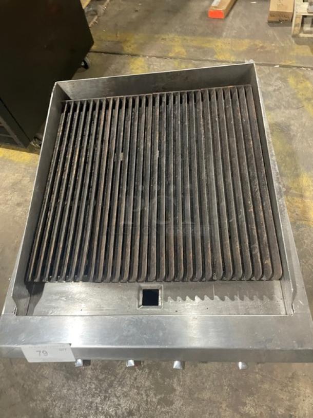 Adcraft CTC24 stainless steel gas char broiler, countertop model on legs, serial number 12130576005, used condition.