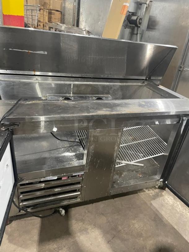 Cooltech 2021 CTR-60BM stainless steel refrigerated prep table with 2 doors, poly-coated wire rack, and casters.