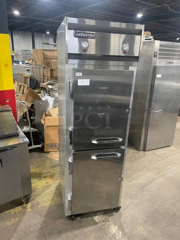Continental Commercial stainless steel dual temp refrigerator/freezer combo, Model 1RF, with poly coated wire racks, on casters.