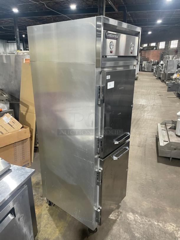 Continental Commercial Stainless Steel Dual Temp Refrigerator/Freezer, Model 1RF, with poly coated wire racks, on casters.