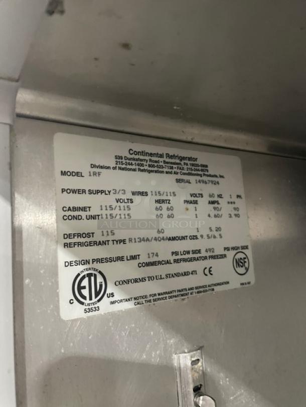 Continental Model 1RF stainless steel reach-in refrigerator/freezer combo, poly coated wire racks, on casters, SN: 14967924.