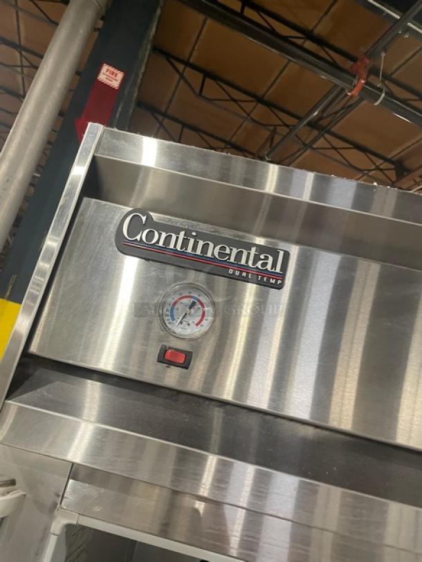 Continental stainless steel dual temp refrigerator/freezer combo, model 1RF, with poly-coated wire racks, on casters.