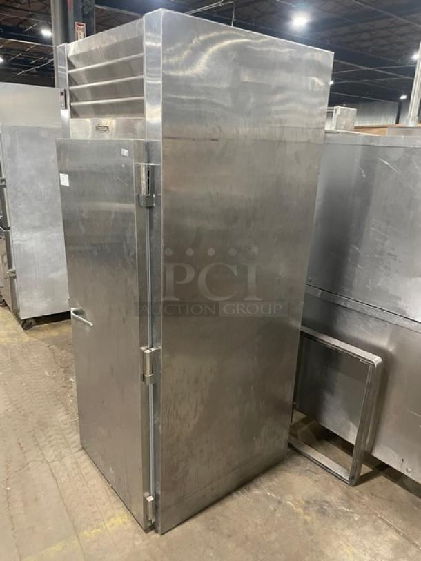 Traulsen stainless steel roll-in refrigerator, model ARI134LUTFHS, solid single door, commercial grade, 115V, used condition.