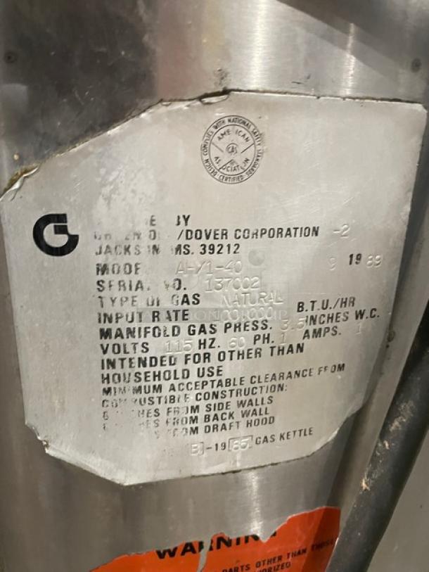 Groen AH/1-40 commercial stainless steel steam kettle label showing specifications and operational details.