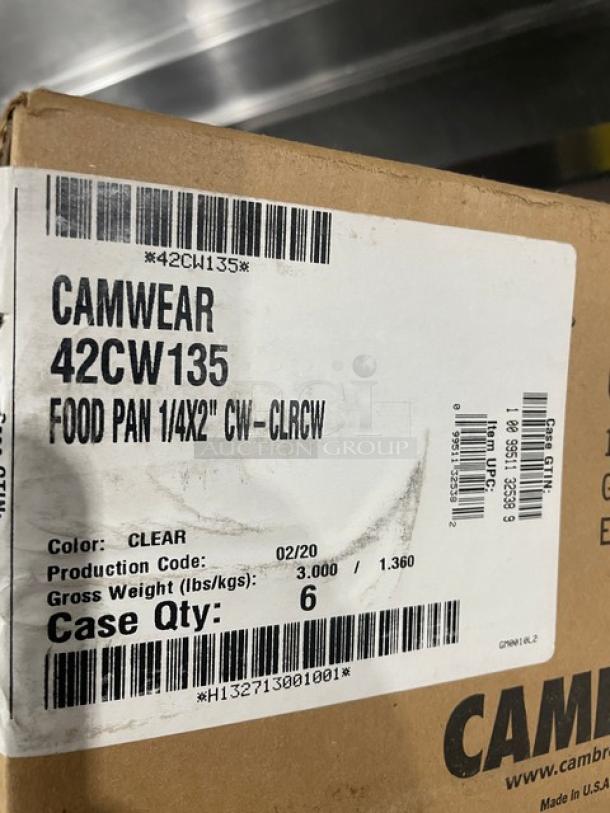 Cambro Camwear Series 42CW135 clear polycarbonate 1/4 size 2" deep food pan, new. Case of 6, visible labeling indicates specs.