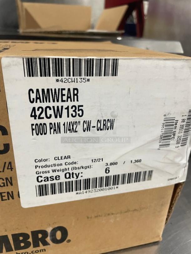 Cambro Camwear 42CW135 clear polycarbonate 1/4 size food pan, brand new in box, label showing model and specs.