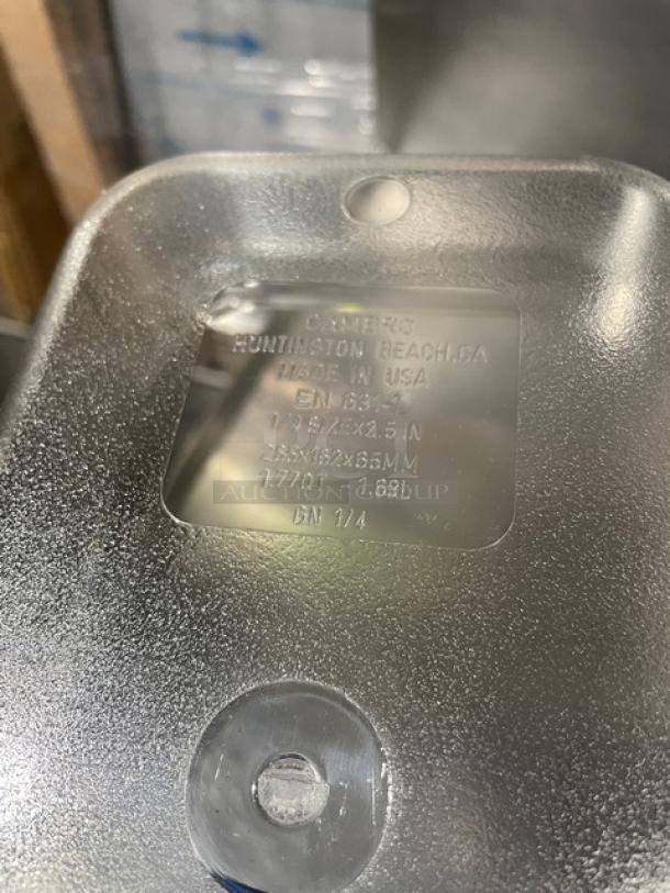 Brand new Cambro Camwear 1/4 size polycarbonate food pan, model 42CW135. Clear, durable, USA-made, embossed measurements.