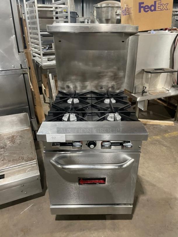 Sierra commercial stainless steel natural gas four-burner range/oven combo with backsplash, overhead salamander shelf, wire oven rack, and legs.
