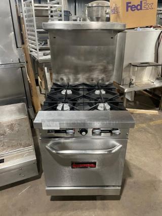 Sierra Commercial Stainless Steel Natural Gas Powered Four Burner Range/Oven Combo! With Backsplash and Overhead Salamander Shelf With Wire Oven rack! On Legs! - Item #1199429