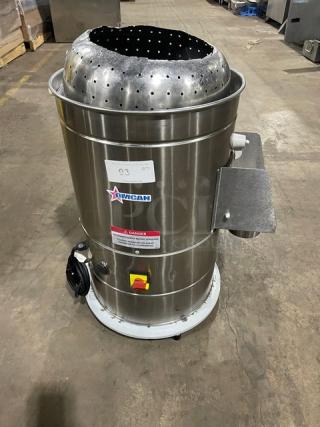 OMCAN Model PE-BR-0010 stainless steel electric potato peeler, heavy duty, 110v, on legs, with visible control panel and labels.