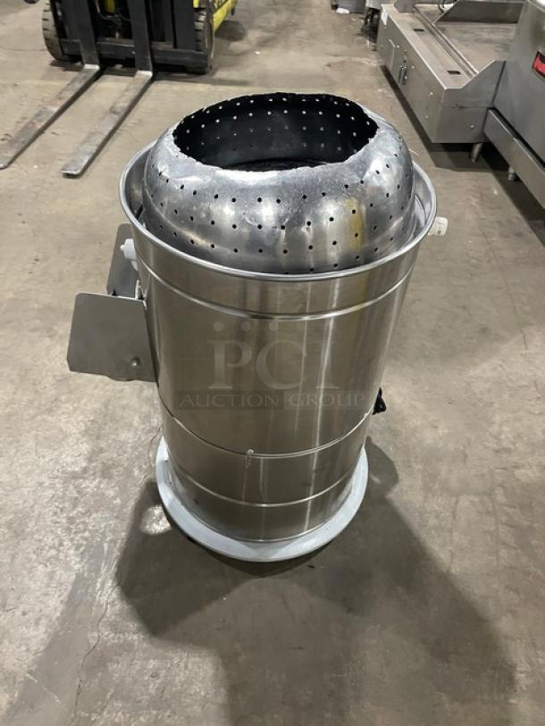 OMCAN commercial potato peeler, model PE-BR-0010, stainless steel, electric, 110v, on legs, series 646296000582.