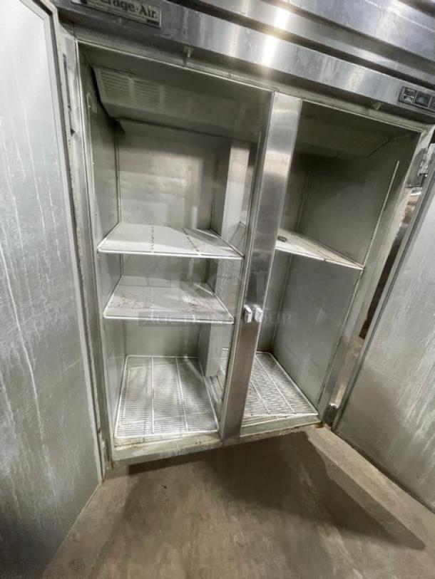 Beverage Air E-series stainless steel two-door reach-in refrigerator, model ER48-1A5, with wire racks, on legs, 60v 1 Phase.