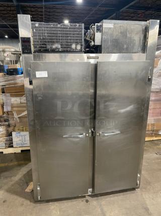 Traulsen commercial stainless steel two-door freezer, model 1RLT232NUT1, with built-in pan slides, 115V, 1 Phase, series V605920I92.