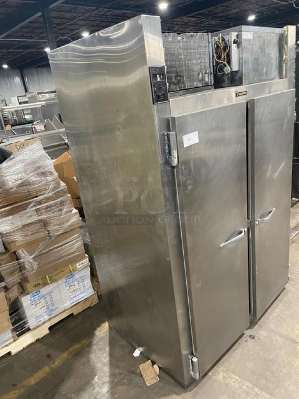 Traulsen commercial stainless steel two-door freezer, Model 1RLT232NUT1, with built-in pan slides, 115V, 1 Phase, Series V605920I92.