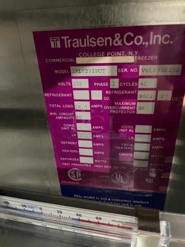 Traulsen Commercial Stainless Steel Two-Door Freezer, Model 1RLT232NUT1, features built-in pan slides, 115V, 1 Phase.