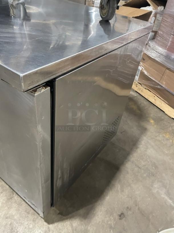 True TUC-60F stainless steel two-door under-counter freezer on casters. Model SN 9131259. 115v, 1 phase. Good condition.