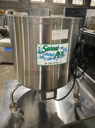 Delfield SALD-1 commercial stainless steel salad dryer, Series 2007150000753, 115V, Phase 1, on casters. "Salad Ace" label visible.