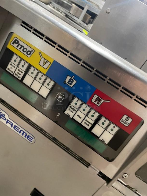Pitco Solstice Supreme SSH55 commercial stainless steel 2-bay deep fat fryer with control panel, natural gas, on casters.