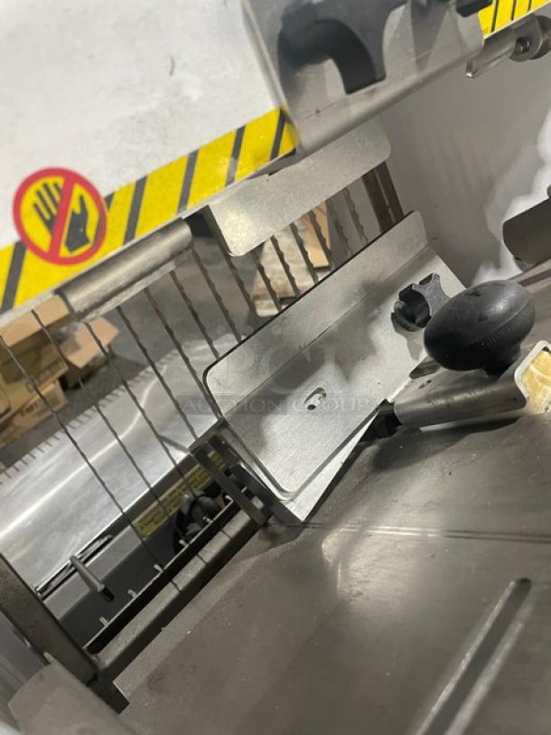 Oliver Model 797-32-NC commercial bread slicer, electric, stainless steel worktop, gravity feed, on casters, 115V 1 phase.