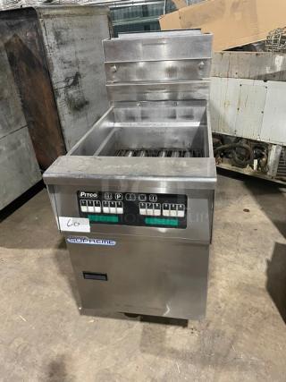 Pitco Solstice Supreme Series SSH75 stainless steel deep fat fryer with natural gas power, 75 lb. capacity, Energy Star certified, on casters.