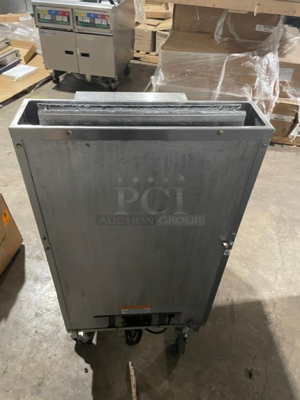 Pitco Solstice Supreme SSH75 fryer, stainless steel, 75 lb. capacity, with backsplash, basket hanger, on casters, working condition.