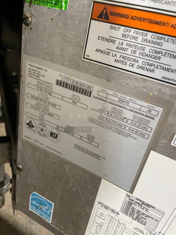 Pitco Solstice Supreme SSH75 deep fat fryer label showing model, serial number G18CB091288, and Energy Star certification.