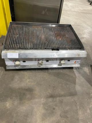 CPG CBR36 countertop radiant char broiler, stainless steel, natural gas, with cast iron grooved grates, backsplash, on legs.