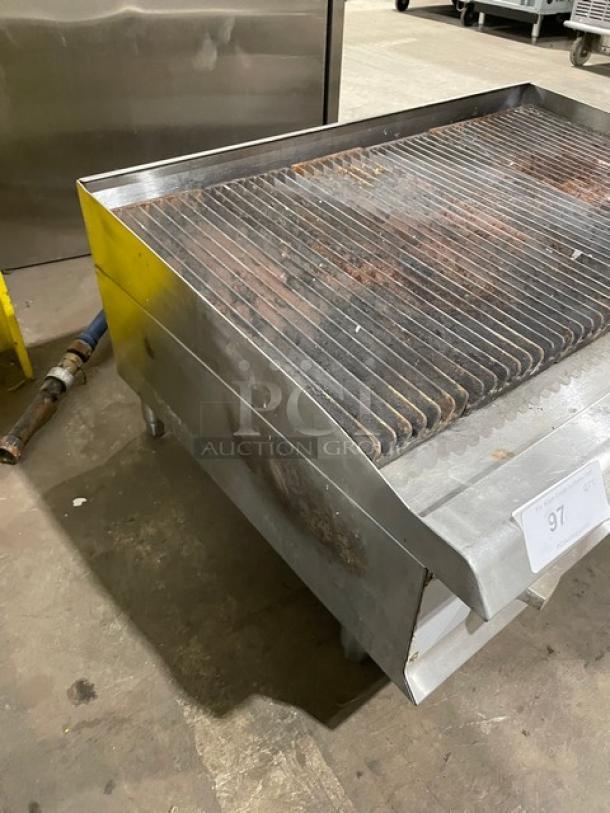 CPG CBR36 stainless steel countertop char broiler, natural gas, cast iron grooved grates, back and side splash, on legs.