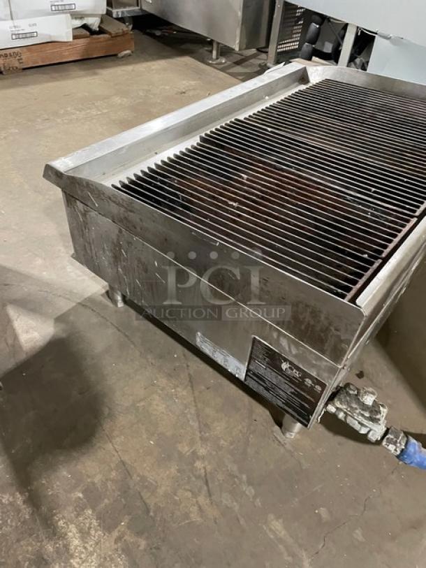 CPG CBR36 stainless steel natural gas char broiler with cast iron grooved grates, back and side splash, on legs, SN: 1708002288.