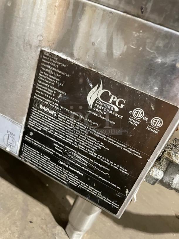CPG CBR36 stainless steel char broiler with cast iron grates, back and side splash, serial number 1708002288, on legs.