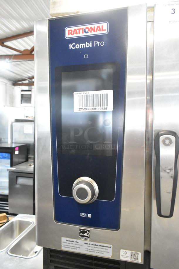 Rational iCombi Pro commercial combi convection oven, stainless steel, model LM100CE.AXXXX, 440/480V, 1 phase, tags visible.