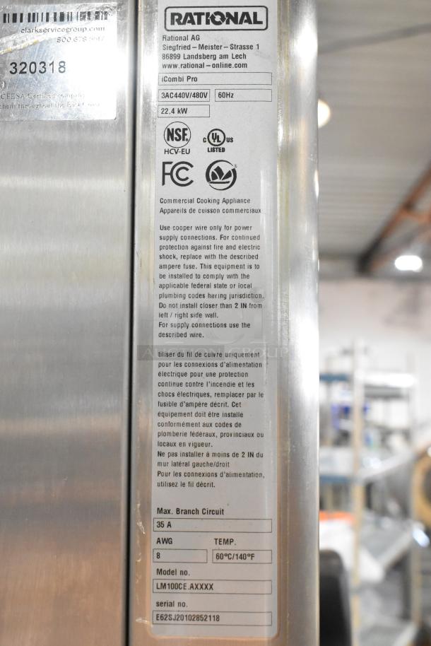 Rational iCombi Pro convection oven label detailing model LM100CE.AXXXX, 440/480V, 1 phase, for commercial use.