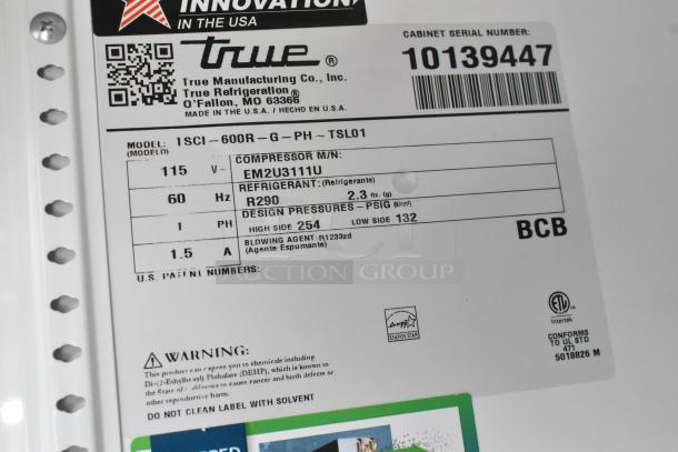 Label of True TSCI-600R-G-PH cooler, showing specifications: 115V, 1 phase, R290 refrigerant, compressor EM2U3111U.