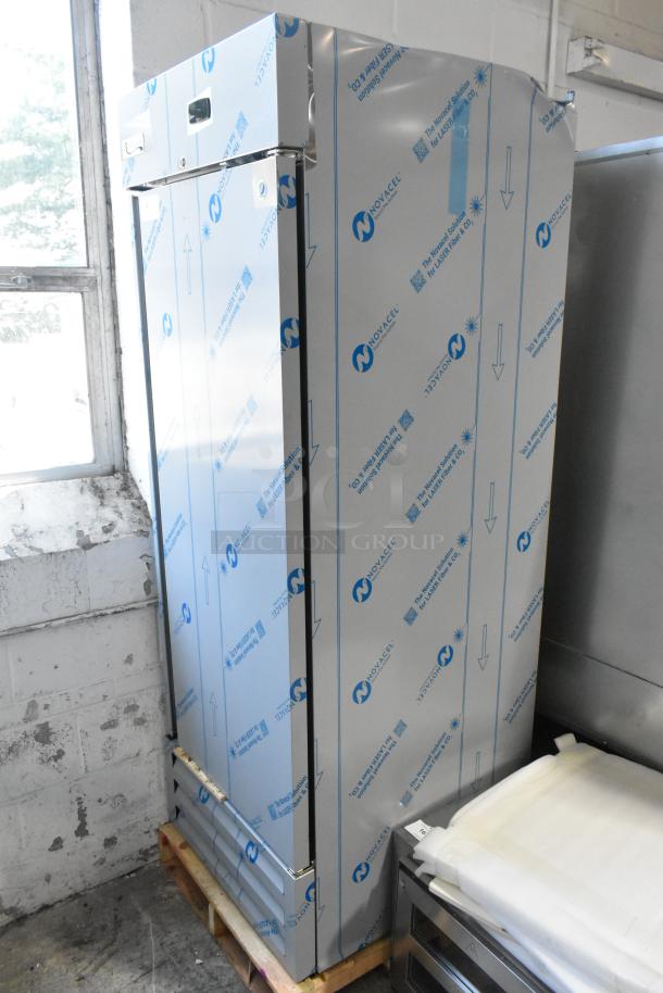 Brand new Avantco 447AP23R stainless steel commercial cooler, with protective film, poly-coated racks, 115V, 1-phase.