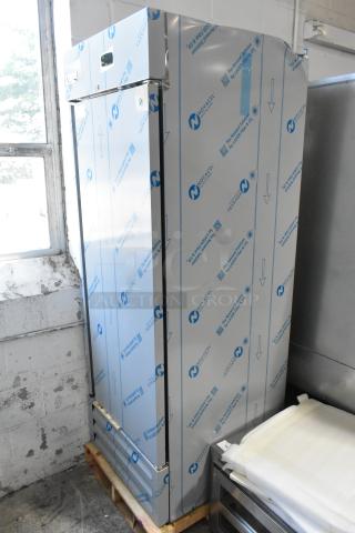 Brand new Avantco 447AP23R stainless steel commercial cooler, with protective film, poly-coated racks, 115V, 1-phase.